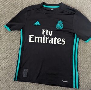 Ronaldo Fly Emirates Kids Black and Teal Soccer Jersey size large GUC.